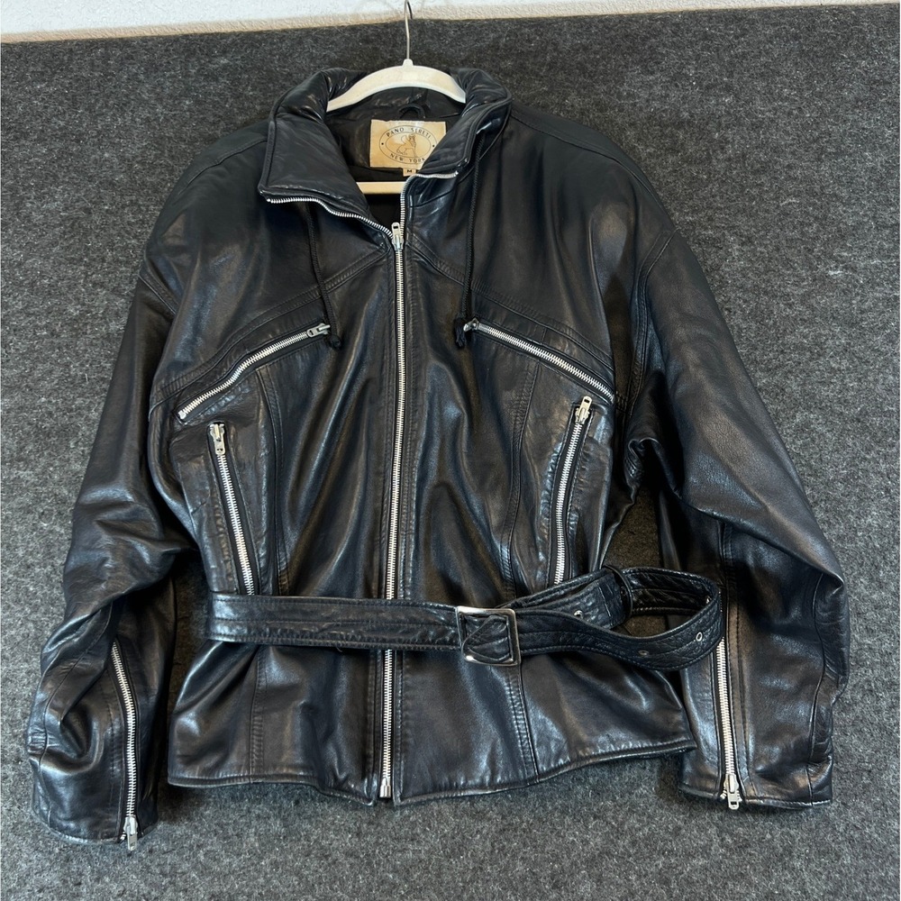 Vtg 80s Pano Sereti Motorcycle Jacket Mens M Black Leather Belted Full Zip Biker